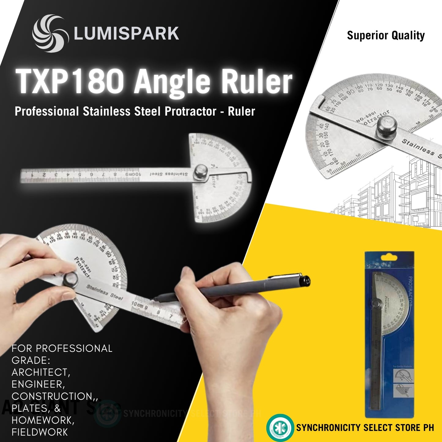 LUMISPARK TXP180 Angle Ruler - Stainless Steel 180 degree Protractor - Angle Finder - Drafting Ruler Tool