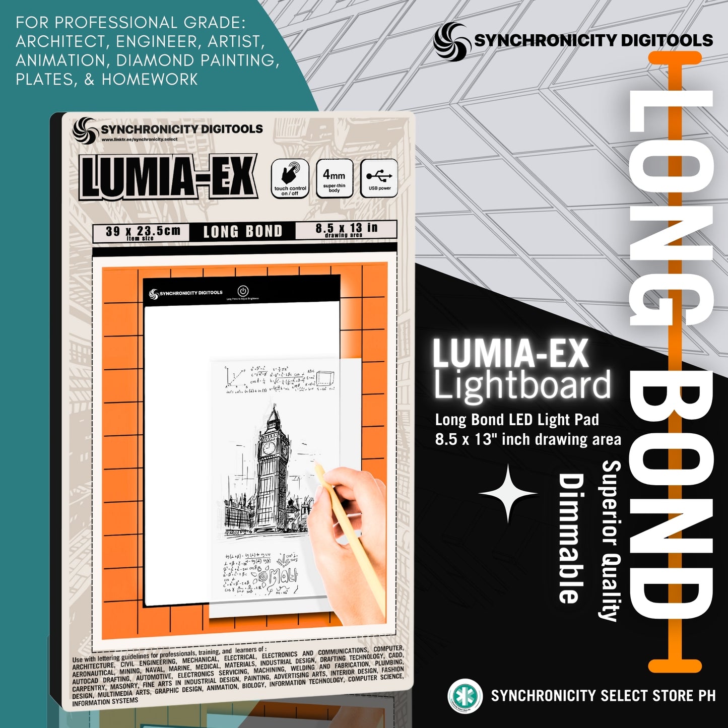 LUMIA-EX Synchronicity Digitools Long Bond Lightboard LED Light Pad Long - Adjustable Brightness 8.5 x 13 Inch Drawing Area (390x235mm Actual Size) - for LongBond Drawing Tracing Plates use LUMIAEX or LUMIA3