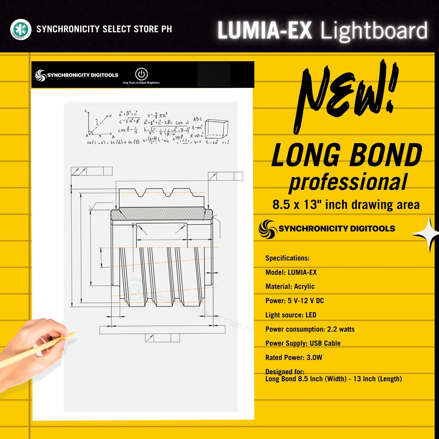 LUMIA-EX Synchronicity Digitools Long Bond Lightboard LED Light Pad Long - Adjustable Brightness 8.5 x 13 Inch Drawing Area (390x235mm Actual Size) - for LongBond Drawing Tracing Plates use LUMIAEX or LUMIA3