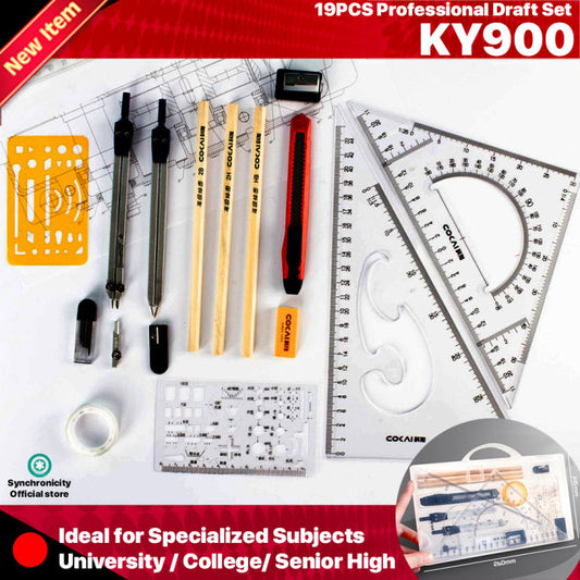 KY900 19-Piece Professional Drafting Set with Precision Geometry Tools, Compass, Divider, Tape, Pencils, Sharpeners, Protractors, Stencils, Exam Stationery, and Protective Case Synchronicity Select