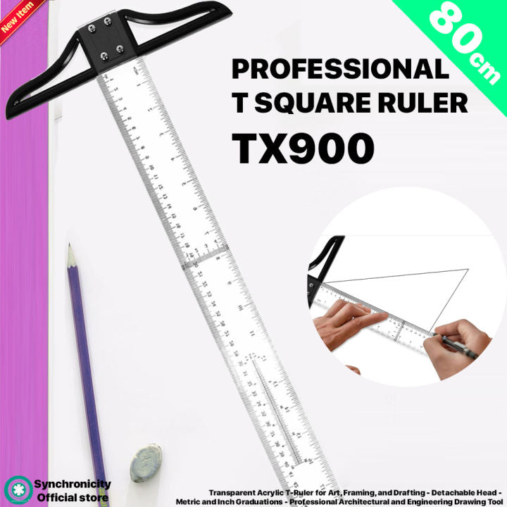 TX900 T Square Ruler 80cm- Transparent Acrylic T-Ruler for Art, Framing, and Drafting T-Square | Detachable Head - Metric and Inch Graduations - Professional Architectural and Engineering Drawing Tool