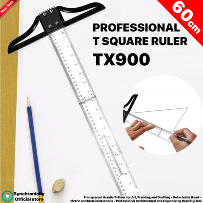 TX900 T Square Ruler 60cm- Transparent Acrylic T-Ruler for Art, Framing, and Drafting T-Square | Detachable Head - Metric and Inch Graduations - Professional Architectural and Engineering Drawing Tool