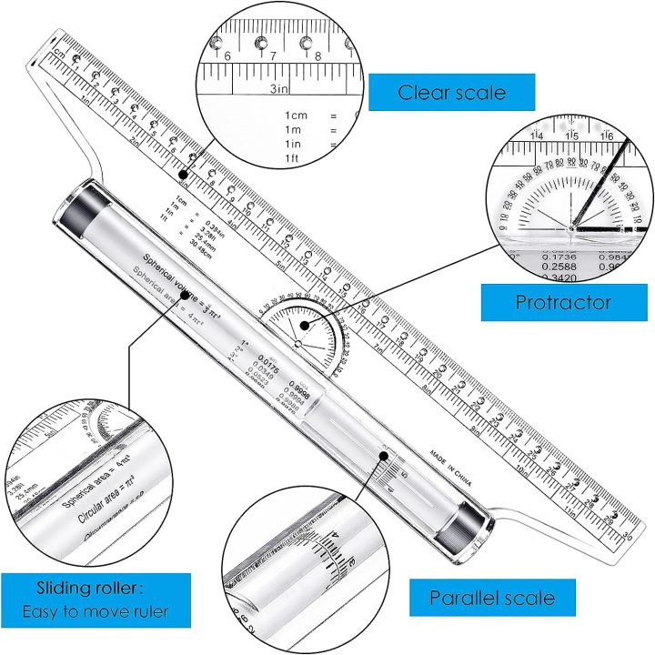 ROLLS120 Rolling Ruler Versatile 12-Inch Measuring and Drafting Tool for Squares Angles Parallel Line Drawing Roller Ruler, Rolling Parallel Ruler