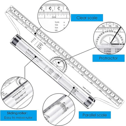 ROLLS120 Rolling Ruler Versatile 12-Inch Measuring and Drafting Tool for Squares Angles Parallel Line Drawing Roller Ruler, Rolling Parallel Ruler