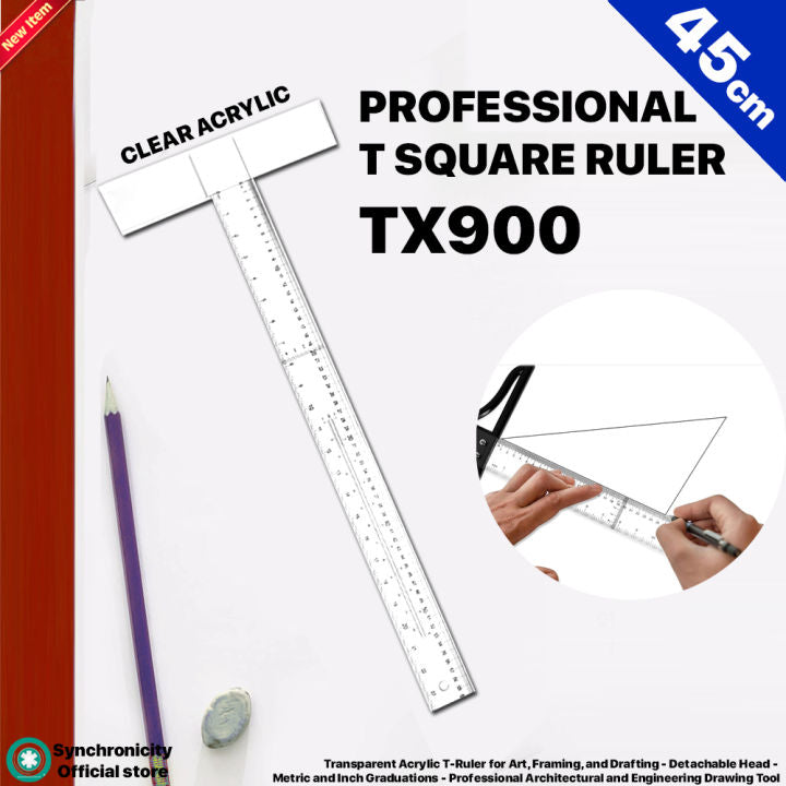 TX900 T Square Ruler 45cm- Transparent Acrylic T-Ruler for Art, Framing, and Drafting T-Square | Detachable Head - Metric and Inch Graduations - Professional Architectural and Engineering Drawing Tool