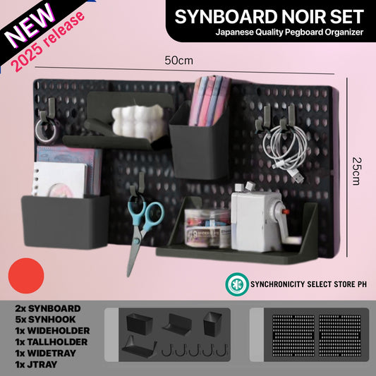 SYNBOARD Pegboard NOIR Set - Black on Black / Mix & Match - No Drilling Install Wall Storage Display Shelf Desk Organizer Home Decor Hanging Rack | Must Have Space Saver | Complete Set Includes 9 Complementary Accessories for the Set You Get