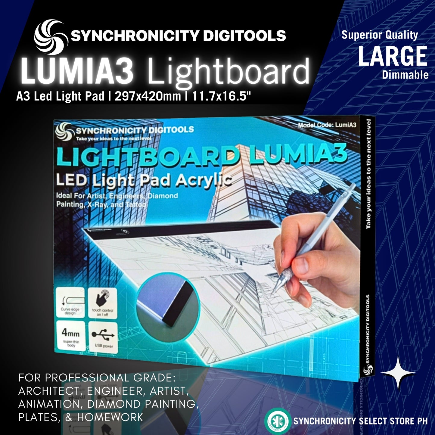 LUMIA3 LIGHTBOARD Synchronicity Digitools A3 LED Light Pad for Large Drawings Tracing Plates Artisan